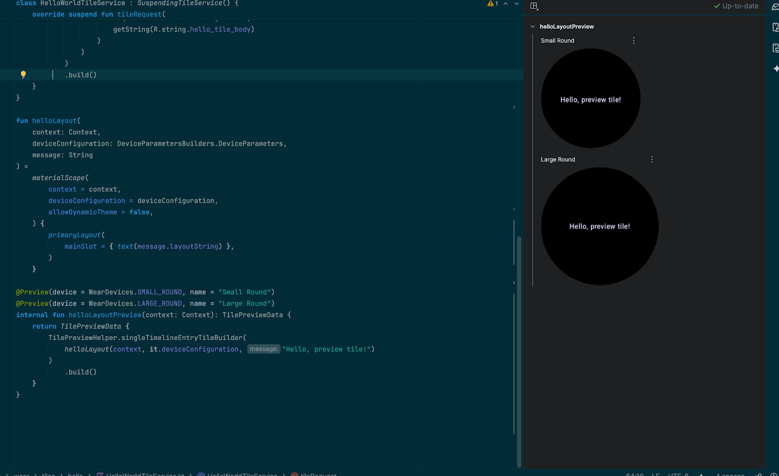 khung hiển thị chia đôi màn hình của Android Studio với mã xem trước ở bên trái và hình ảnh thẻ thông tin ở bên phải.