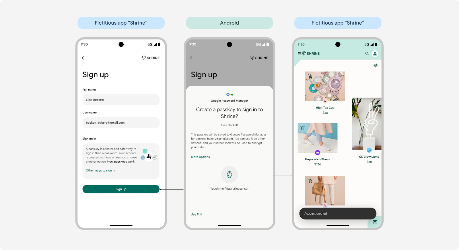 ثلاث لقطات شاشة تعرض عملية إنشاء مفتاح مرور بنقرة واحدة على نظام التشغيل Android 15 تعرض
الشاشة الأولى نموذج اشتراك. تعرض الشاشة الثانية إمكانية إنشاء مفتاح مرور
بلمسة واحدة. تؤكد الشاشة الثالثة عملية
إنشاء الحساب.
