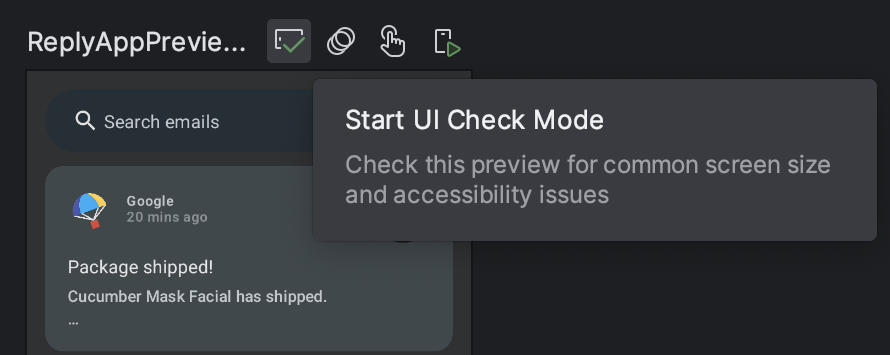 Android Studio, làm nổi bật nút có nhãn "Start UI Check Mode" (Bắt đầu chế độ kiểm tra giao diện người dùng).