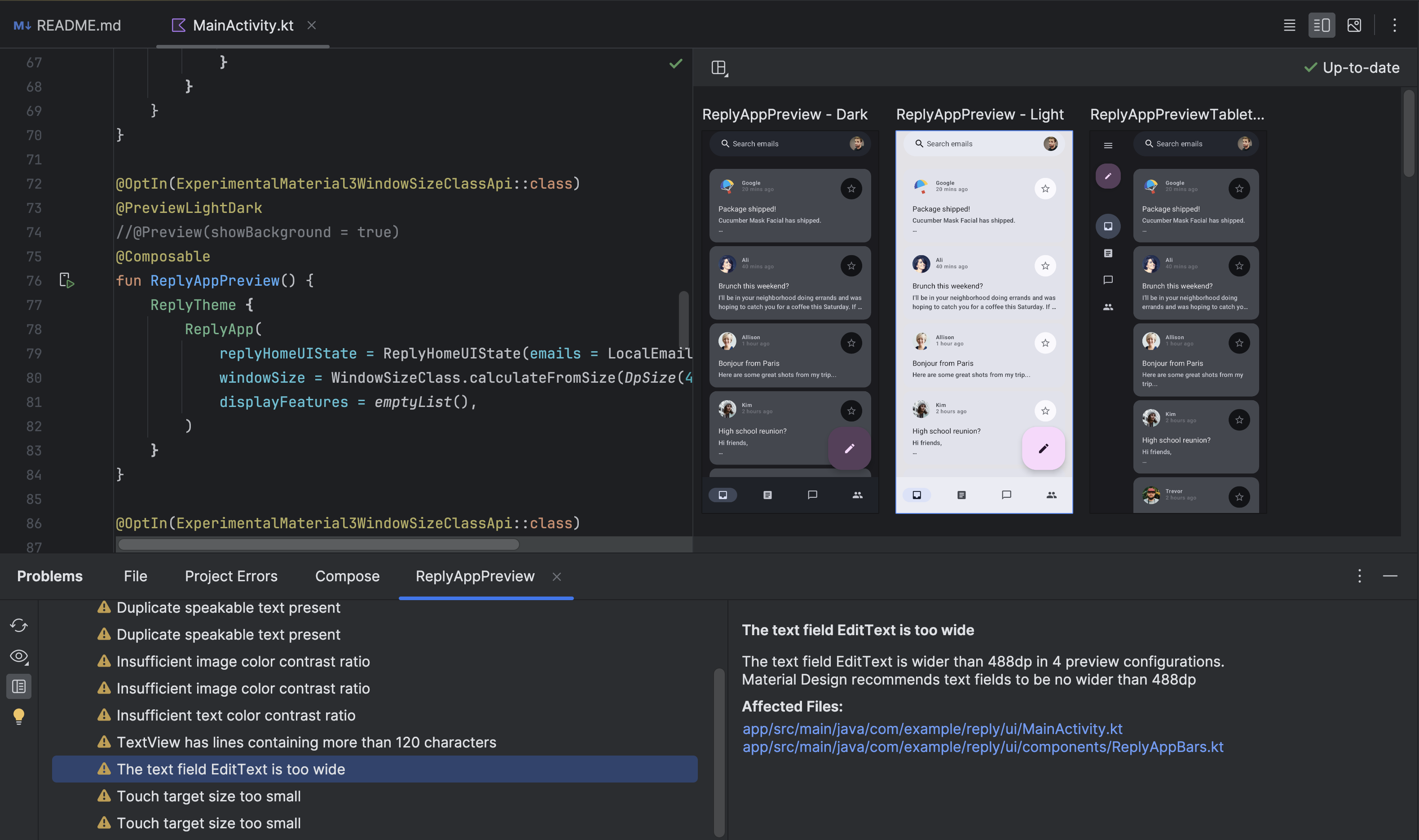Android Studio có chế độ UI Check Mode được kích hoạt. Bảng vấn đề sẽ mở ra, cho thấy danh sách các vấn đề về khả năng hỗ trợ tiếp cận được phát hiện.